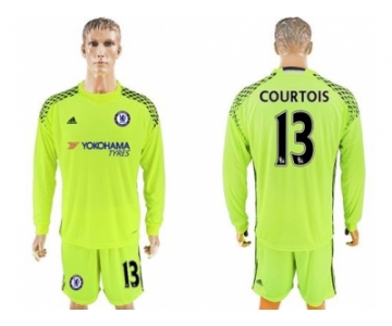 Chelsea #13 Courtois Shiny Green Goalkeeper Long Sleeves Soccer Club Jersey