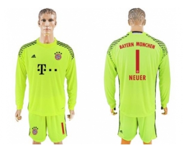 Bayern Munchen #1 Neuer Shiny Green Goalkeeper Long Sleeves Soccer Club Jersey