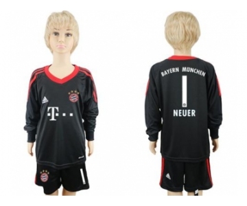 Bayern Munchen #1 Neuer Black Goalkeeper Long Sleeves Kid Soccer Club Jersey