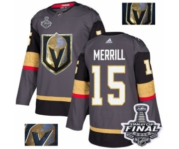 Men Adidas Vegas Golden Knights #15 Jon Merrill Authentic Gray Fashion Gold 2018 Stanley Cup Final NHL Jersey