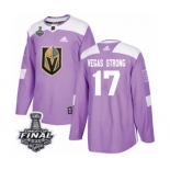 Men Adidas Vegas Golden Knights #17 Vegas Strong Authentic Purple Fights Cancer Practice 2018 Stanley Cup Final NHL Jersey