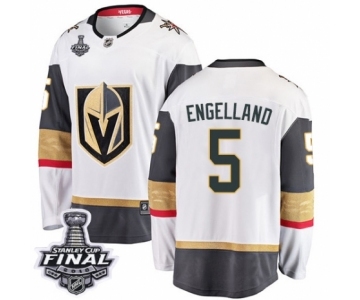 Men Vegas Golden Knights #5 Deryk Engelland Authentic White Away Fanatics Branded Breakaway 2018 Stanley Cup Final NHL Jersey