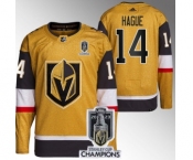 Men's Vegas Golden Knights #14 Nicolas Hague Gold 2023 Stanley Cup Champions Stitched Jersey