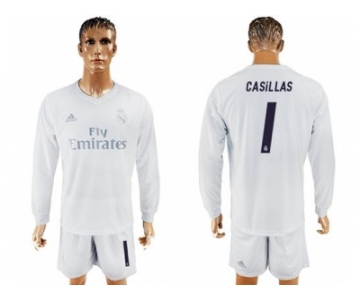 Real Madrid #1 Casillas Marine Environmental Protection Home Long Sleeves Soccer Club Jersey