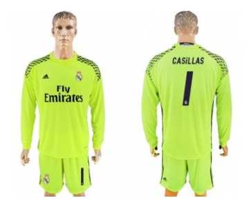 Real Madrid #1 Casillas Shiny Green Goalkeeper Long Sleeves Soccer Club Jersey