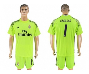 Real Madrid #1 Casillas Shiny Green Goalkeeper Soccer Club Jersey