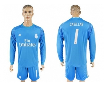 Real Madrid #1 Casillas Sky Blue Goalkeeper Long Sleeves Soccer Club Jersey