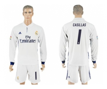 Real Madrid #1 Casillas White Home Long Sleeve Soccer Club Jersey