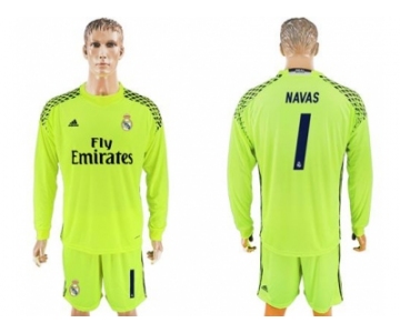 Real Madrid #1 Navas Shiny Green Goalkeeper Long Sleeves Soccer Club Jersey