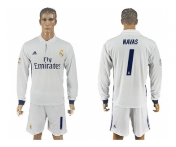 Real Madrid #1 Navas White Home Long Sleeves Soccer Club Jersey 1