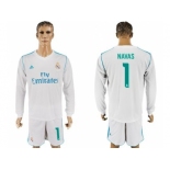 Real Madrid #1 Navas White Home Long Sleeves Soccer Club Jersey