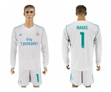 Real Madrid #1 Navas White Home Long Sleeves Soccer Club Jersey