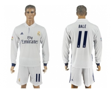 Real Madrid #11 Bale White Home Long Sleeves Soccer Club Jersey 1