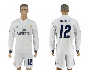 Real Madrid #12 Marcelo White Home Long Sleeves Soccer Club Jersey 1