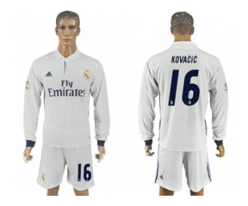 Real Madrid #16 Kovacic White Home Long Sleeves Soccer Club Jersey 1