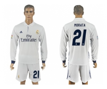 Real Madrid #21 Morata White Home Long Sleeves Soccer Club Jersey 1