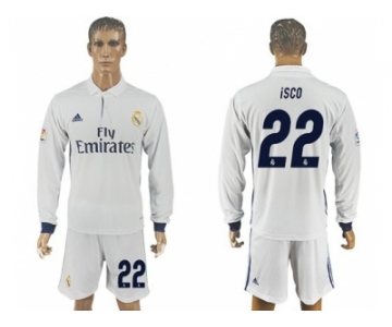 Real Madrid #22 Isco White Home Long Sleeves Soccer Club Jersey 1