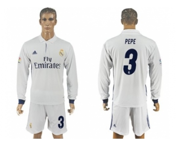 Real Madrid #3 Pepe White Home Long Sleeves Soccer Club Jersey 1