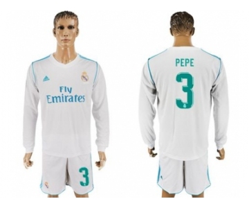 Real Madrid #3 Pepe White Home Long Sleeves Soccer Club Jersey