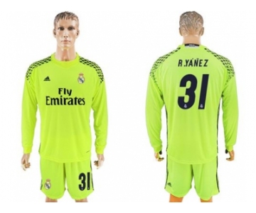 Real Madrid #31 R.Yanez Shiny Green Goalkeeper Long Sleeves Soccer Club Jersey