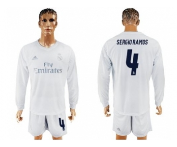 Real Madrid #4 Sergio Ramos Marine Environmental Protection Home Long Sleeves Soccer Club Jersey