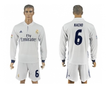 Real Madrid #6 Nacho White Home Long Sleeves Soccer Club Jersey 1