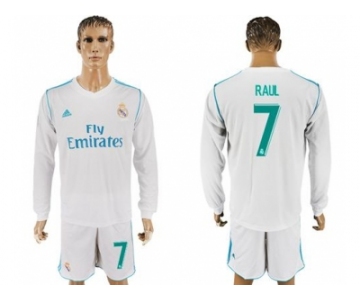 Real Madrid #7 Raul White Home Long Sleeves Soccer Club Jersey