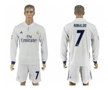 Real Madrid #7 Ronaldo White Home Long Sleeves Soccer Club Jersey 1