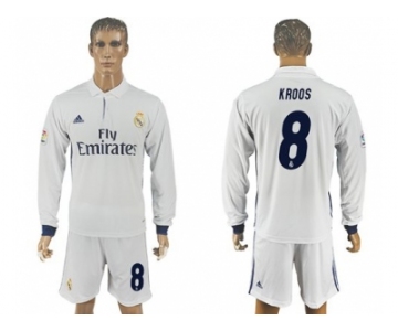 Real Madrid #8 Kroos White Home Long Sleeves Soccer Club Jersey 1