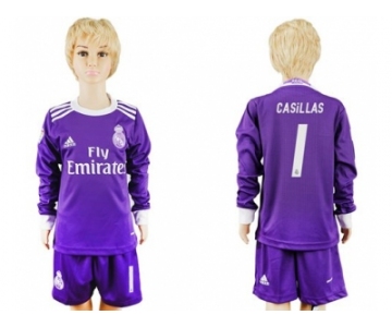 Real Madrid #1 Casillas Away Long Sleeves Kid Soccer Club Jersey