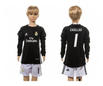 Real Madrid #1 Casillas Black Goalkeeper Long Sleeves Kid Soccer Club Jersey