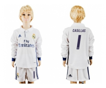 Real Madrid #1 Casillas Home Long Sleeves Kid Soccer Club Jersey