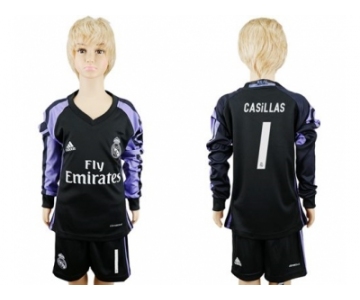 Real Madrid #1 Casillas Sec Away Long Sleeves Kid Soccer Club Jersey