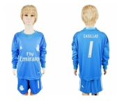 Real Madrid #1 Casillas Sky Blue Goalkeeper Long Sleeves Kid Soccer Club Jersey