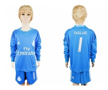 Real Madrid #1 Casillas Sky Blue Goalkeeper Long Sleeves Kid Soccer Club Jersey