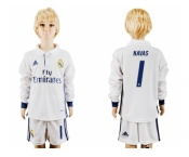 Real Madrid #1 Navas Home Long Sleeves Kid Soccer Club Jersey