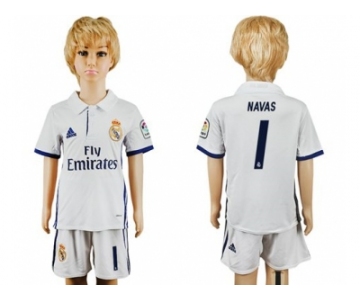 Real Madrid #1 Navas White Home Kid Soccer Club Jersey1