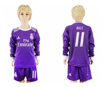 Real Madrid #11 Bale Away Long Sleeves Kid Soccer Club Jersey