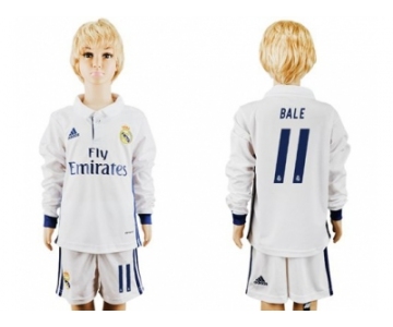 Real Madrid #11 Bale Home Long Sleeves Kid Soccer Club Jersey