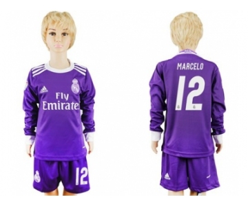 Real Madrid #12 Marcelo Away Long Sleeves Kid Soccer Club Jersey