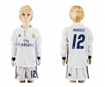 Real Madrid #12 Marcelo Home Long Sleeves Kid Soccer Club Jersey