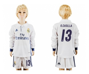 Real Madrid #13 K.Casilla Home Long Sleeves Kid Soccer Club Jersey