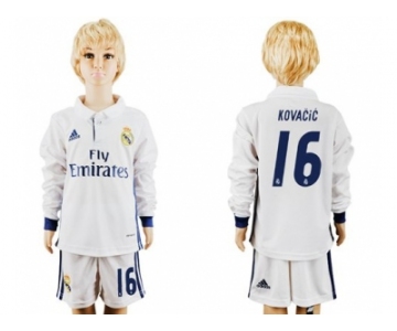 Real Madrid #16 Kovacic Home Long Sleeves Kid Soccer Club Jersey