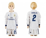 Real Madrid #2 Carvajal Home Long Sleeves Kid Soccer Club Jersey