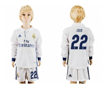 Real Madrid #22 Isco Home Long Sleeves Kid Soccer Club Jersey