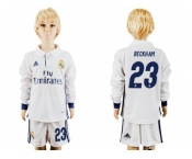 Real Madrid #23 Beckham Home Long Sleeves Kid Soccer Club Jersey