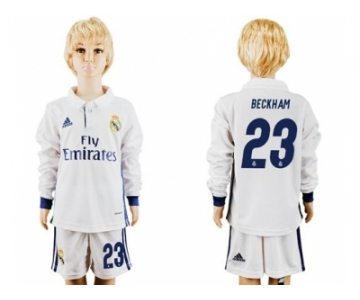 Real Madrid #23 Beckham Home Long Sleeves Kid Soccer Club Jersey