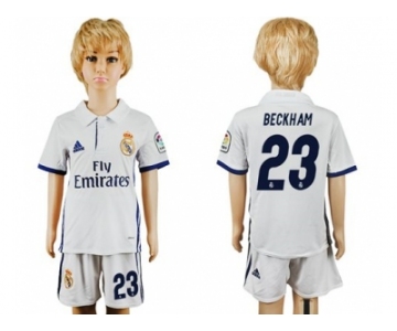 Real Madrid #23 Beckham White Home Kid Soccer Club Jersey