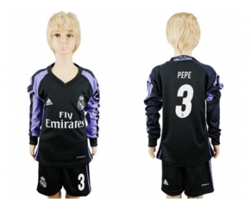 Real Madrid #3 Pepe Sec Away Long Sleeves Kid Soccer Club Jersey