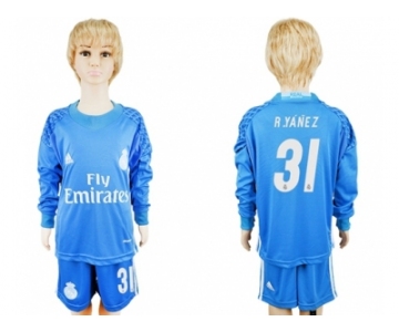 Real Madrid #31 R.Yanez Sky Blue Goalkeeper Long Sleeves Kid Soccer Club Jerse